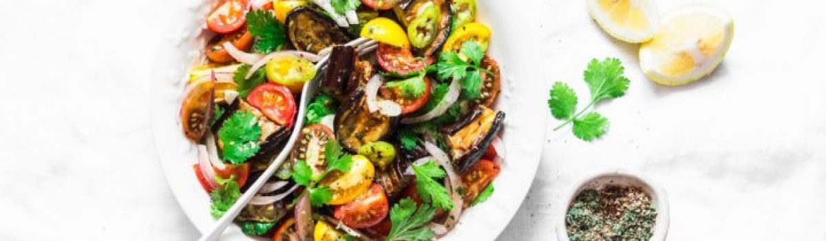 Roasted eggplant, sweet tomato and corriander mediterranean style salad