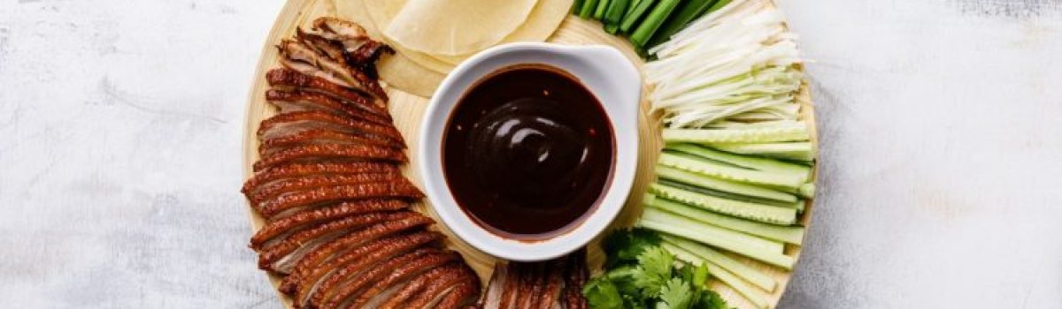 Sliced Peking Duck served with Hoysin sauce, fresh cucumber, onions, cilantro and roasted wheaten pancakes