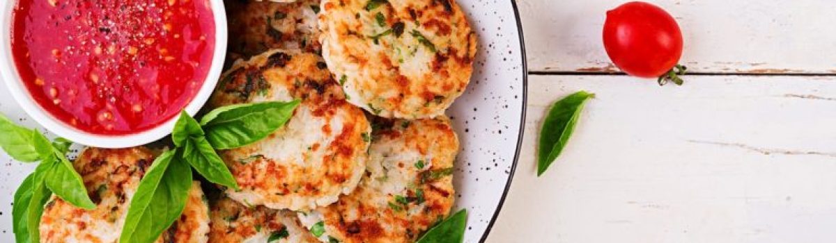 rice and chicken meat patties with garlic tomato sauce